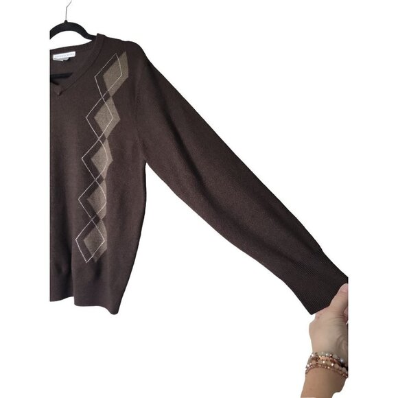 Geoffrey Beene VTG 90s Mens L Brown Argyle V Neck Cozy Pull Over Grandpa Sweater - Picture 3 of 10